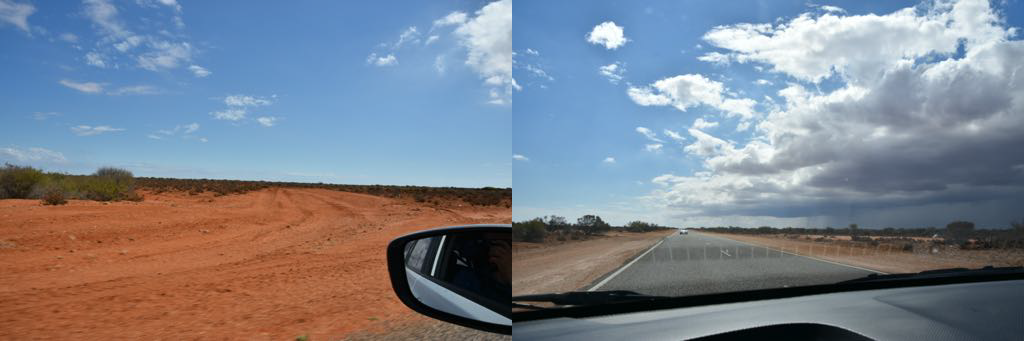 Flat and sandy, just bushes no trees. Today we had the showers in the distance.