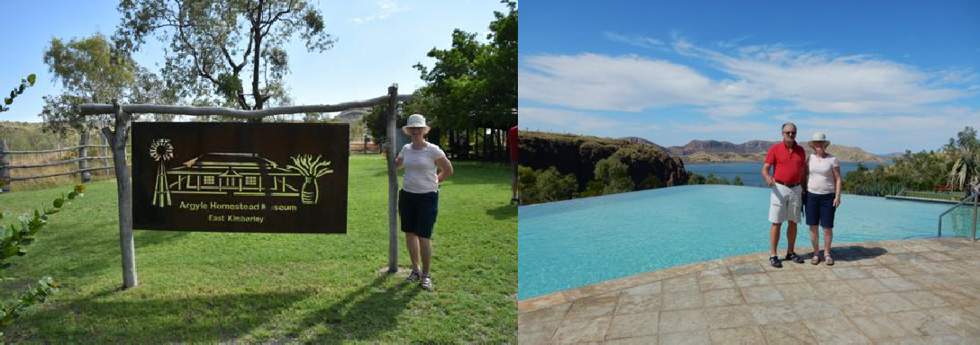 Cecilia at the sign for the Argyle Homestead. Cecilia & Raoul at the infinity pool at Lake Argyle.