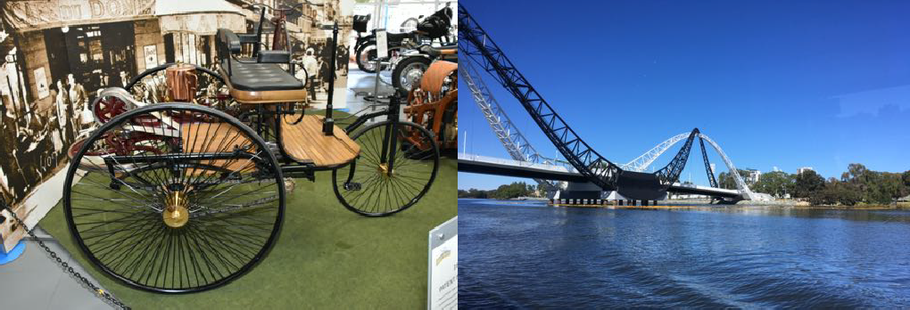 Replica of Daimler's Reitwagen. Ladies passed under the Matagarup Bridge.