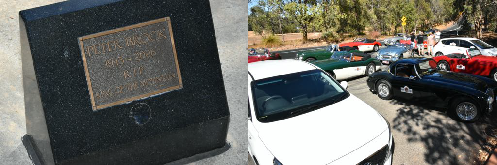 Memory of Peter Brock. Cars lined up in front of memory of Peter Brock