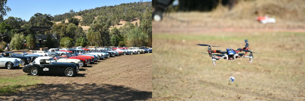 Cars lined up at Gooseberries Restaurant. Drone with cargo for release on target.