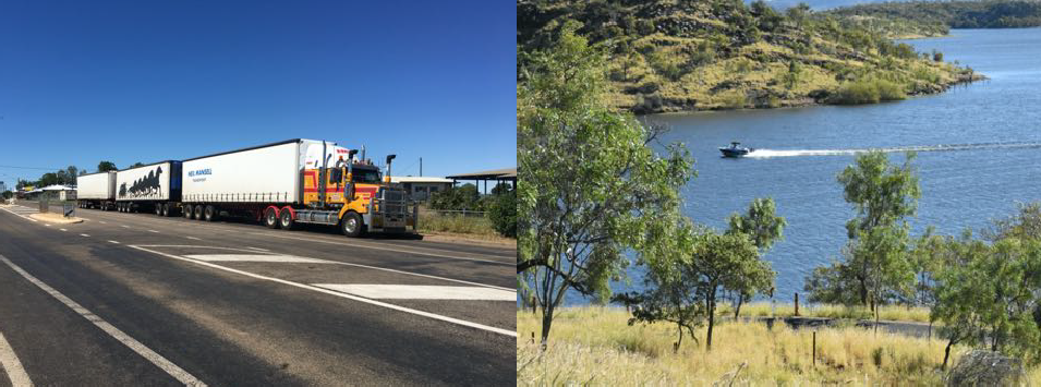 A common size of a vehicle in the outback. Lake Leichhardt and a boat on tour.