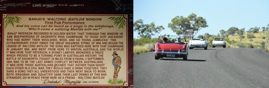 The story about Waltzing Matilda. Three Healeys on winding road.